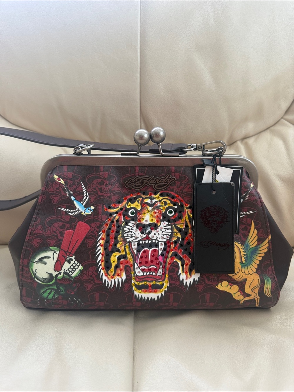 Ed Hardy Burgundy Graphic Tiger Frame Clutch